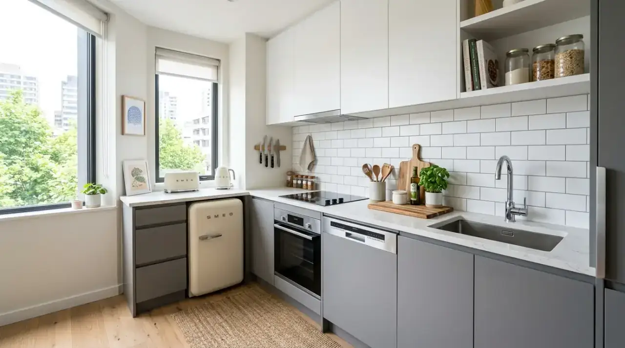 Flat front grey white kitchen. Modern grey and white kitchen with sleek flat front cabinetry.