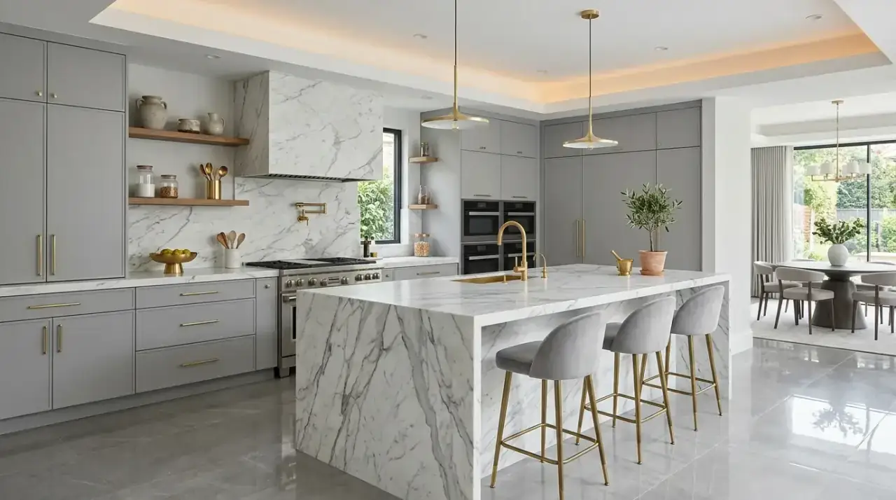 Wood accents grey white kitchen. Bright modern grey and white kitchen softened with natural wood.