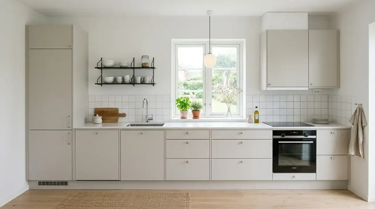 Grey island in white kitchen. Clean white kitchen anchored by a modern grey island.