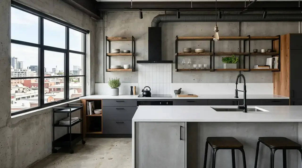 Grey veining in white kitchen. Bright grey and white kitchen with subtle veined stone surfaces.
