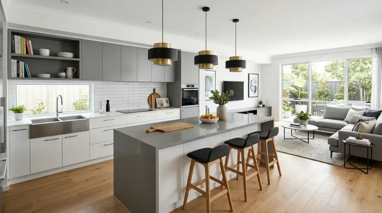 Lighting in grey white kitchen. Modern grey and white kitchen with bright but comfortable lighting.