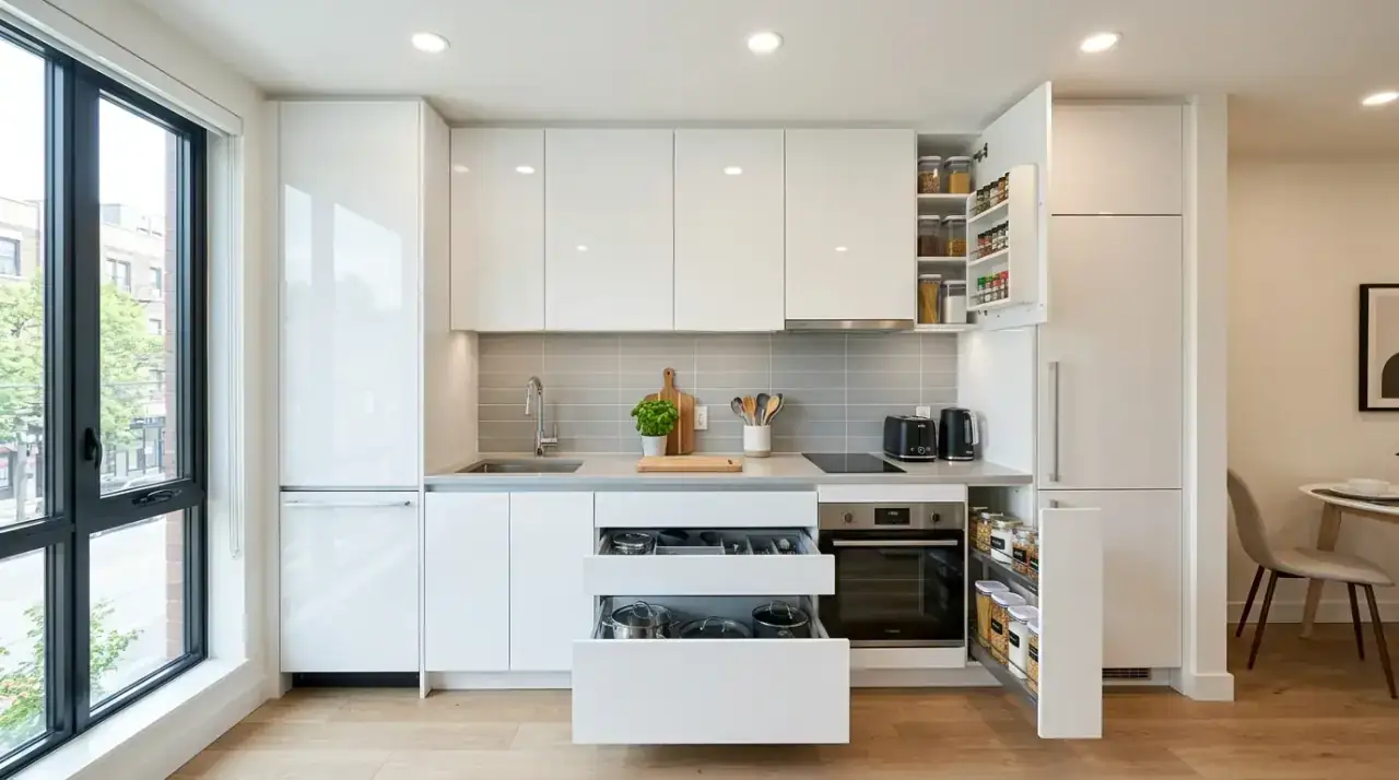 Simple backsplash grey white kitchen. Bright modern kitchen with a streamlined grey and white backsplash.