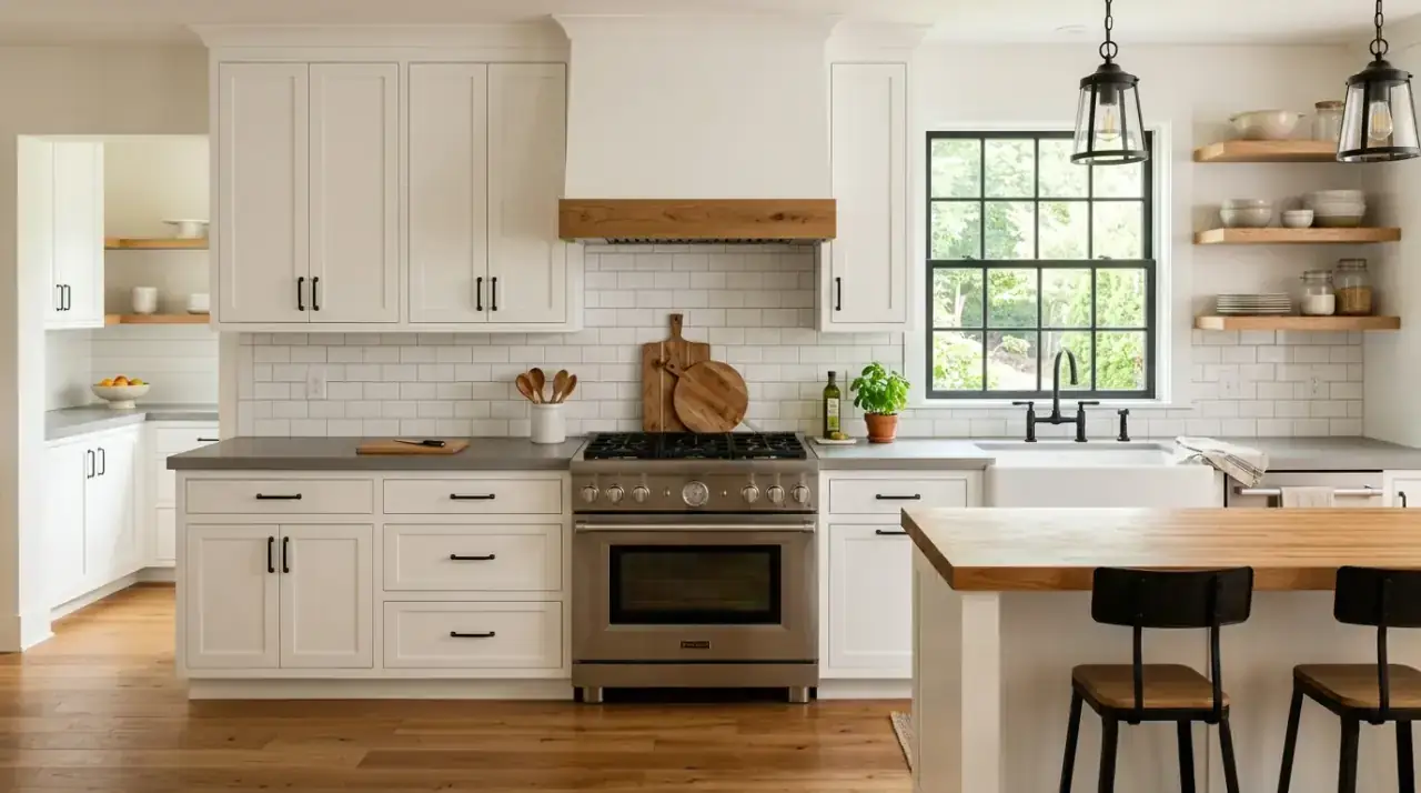 Black accents in grey white kitchen. Modern grey and white kitchen sharpened by restrained black accents.