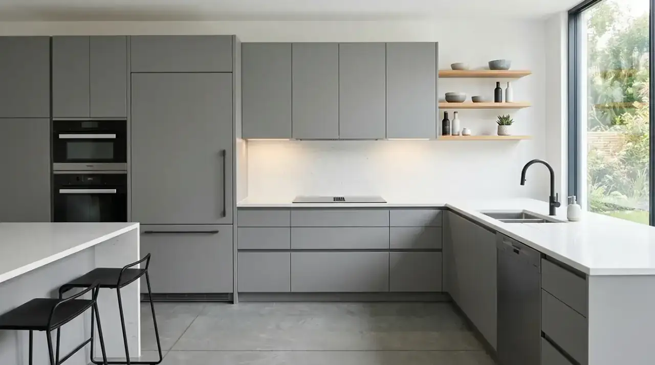 Open shelves grey white kitchen. Bright modern grey and white kitchen with lightly styled open shelves.