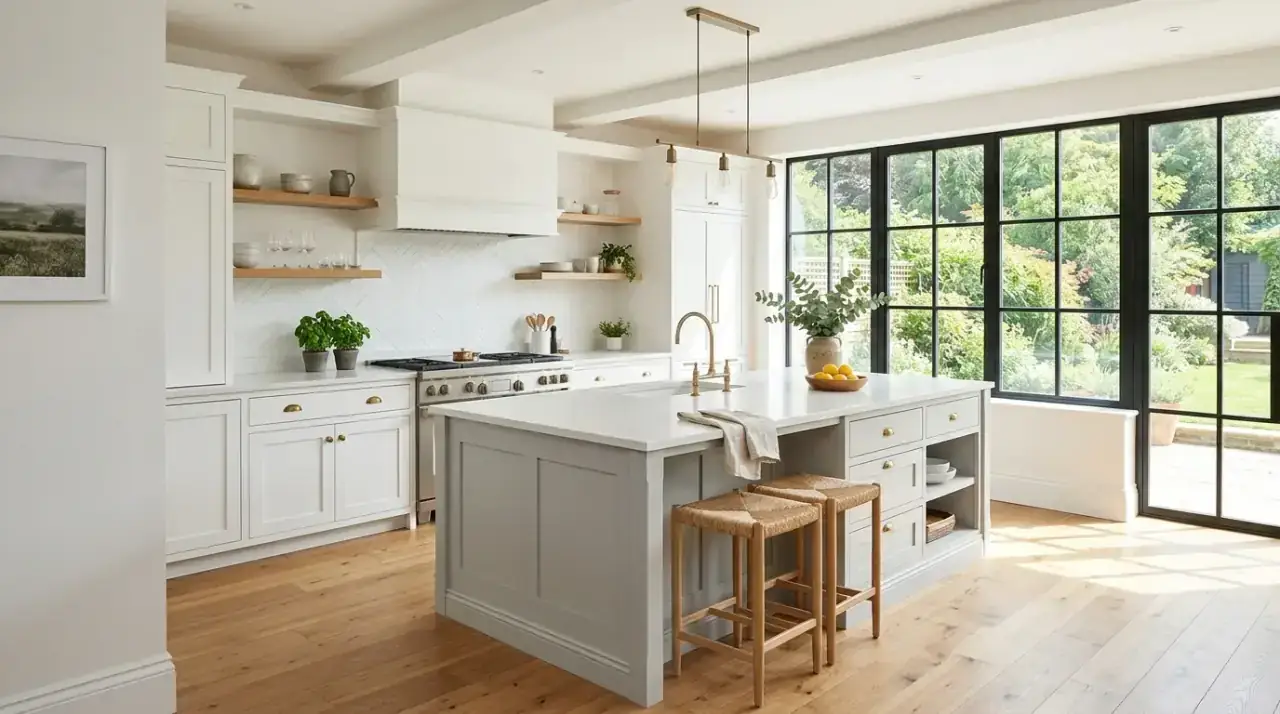 Warm flooring grey white kitchen. Modern grey and white kitchen balanced by warmer flooring.