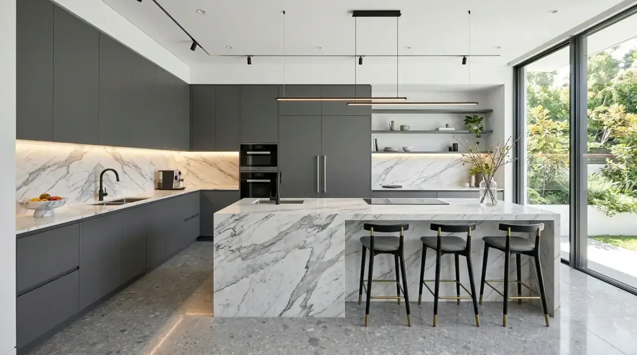 Small grey white kitchen. Bright modern grey and white kitchen used in a compact space.