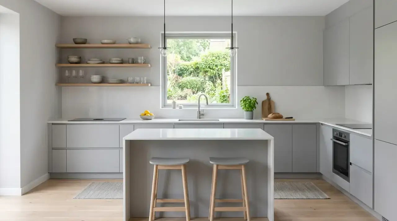 Styled grey white kitchen. Clean modern grey and white kitchen with restrained decor styling.