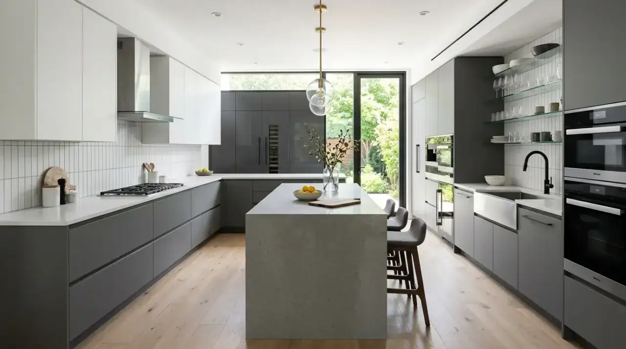Grey and white kitchen overview. Bright modern grey and white kitchen with a clean sophisticated aesthetic.