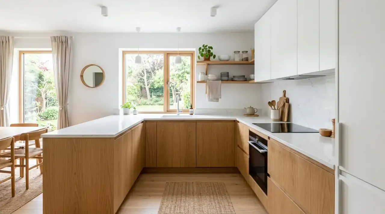 Bright white and wood kitchen designed with a calm Scandinavian vibe.