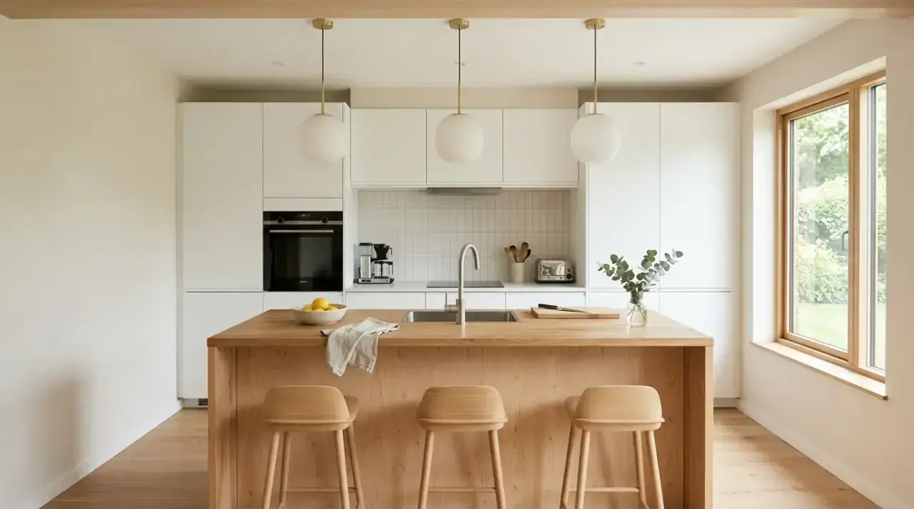 Open wood shelves in white kitchen. Simple shelving adding natural warmth to a bright Scandinavian cookspace.