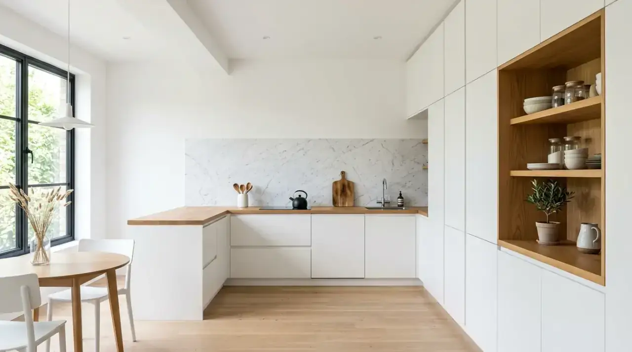Wood island in white Scandinavian kitchen. Warm timber focal point inside a bright Nordic-inspired kitchen.