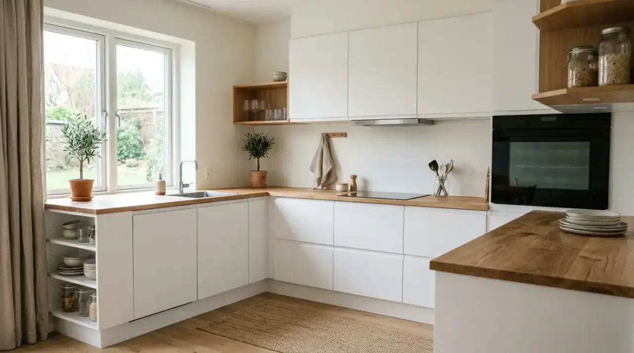 Matte white and ash wood kitchen. Soft contemporary Nordic palette with pale wood and calm white finishes.
