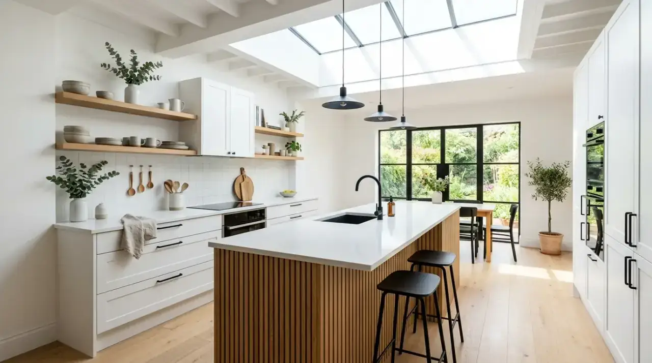 Minimal hardware Scandinavian kitchen. Clean cabinetry lines strengthening a bright white and wood kitchen.