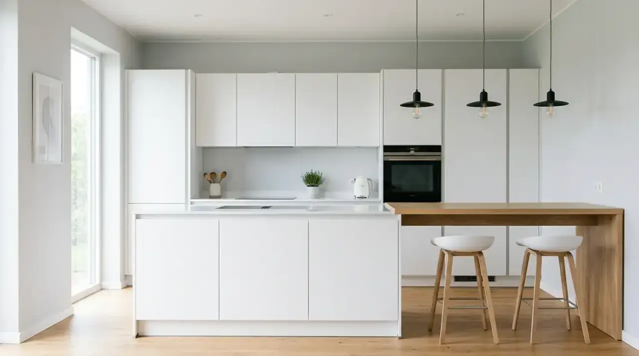 Warm white Scandinavian kitchen walls. Softer white backdrop balancing bright Nordic kitchen materials.