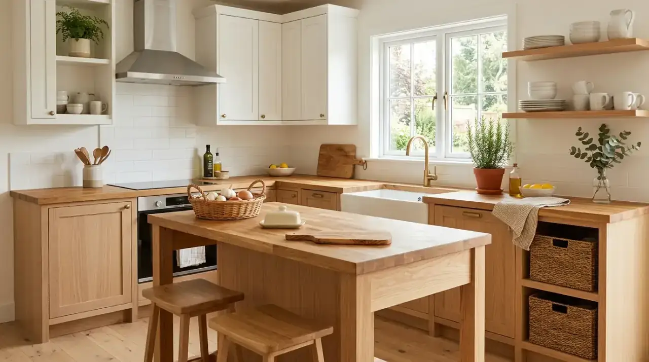 Scandinavian kitchen with wood table and pendants. Simple dining and lighting details reinforcing a Nordic kitchen mood.