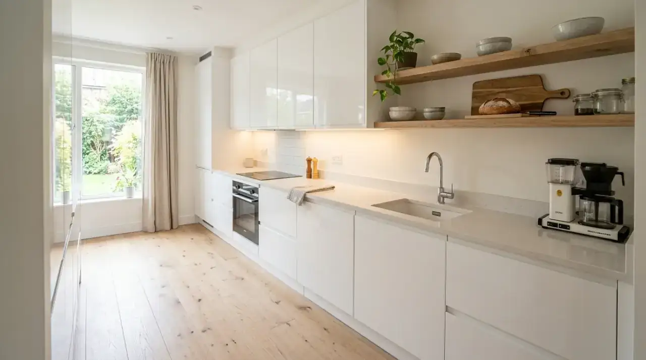 Stone in white and wood Scandinavian kitchen. Subtle material depth enriching a bright Nordic kitchen palette.