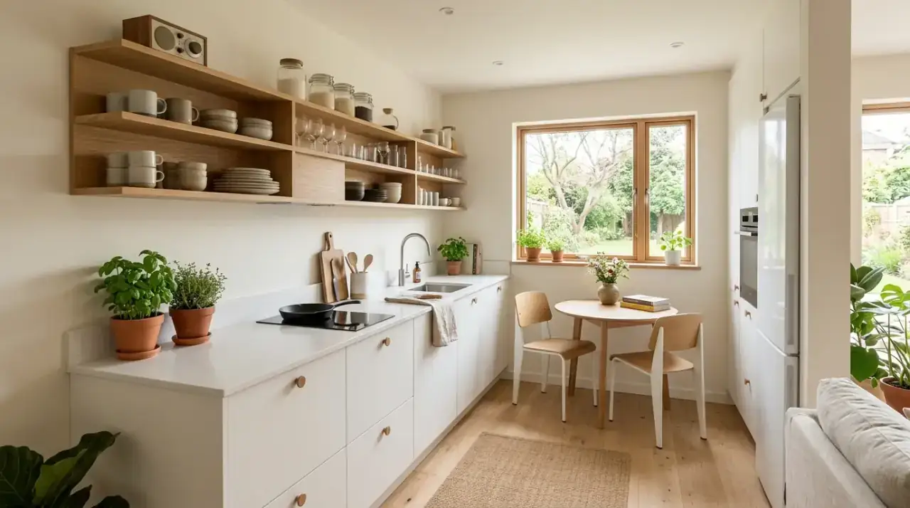 Light wood pantry wall kitchen. Natural timber wrapping part of a bright Scandinavian kitchen.