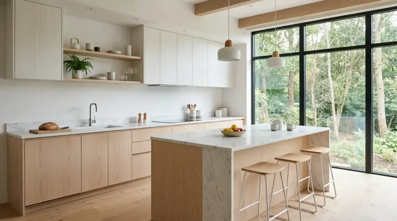 Bench seating Scandinavian kitchen. Simple seating solution adding warmth and everyday comfort to the kitchen.