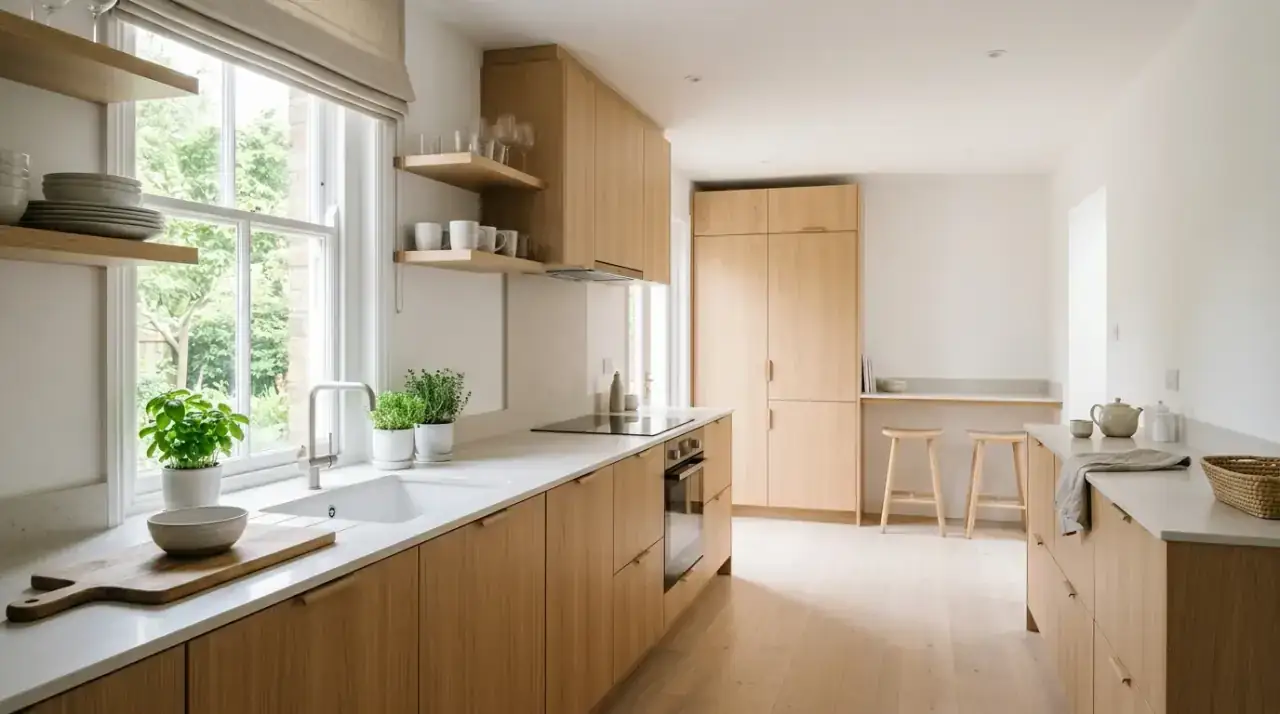 Sparse decor in Scandinavian kitchen. Edited natural styling keeping a white and wood kitchen calm.