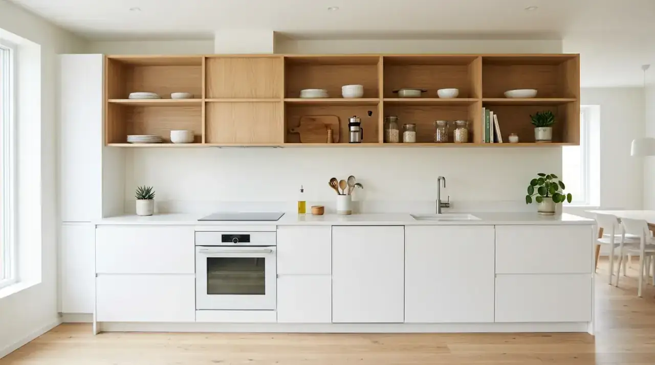 White and wood Scandinavian kitchen palette. Bright Nordic kitchen built around natural warmth and calm simplicity.