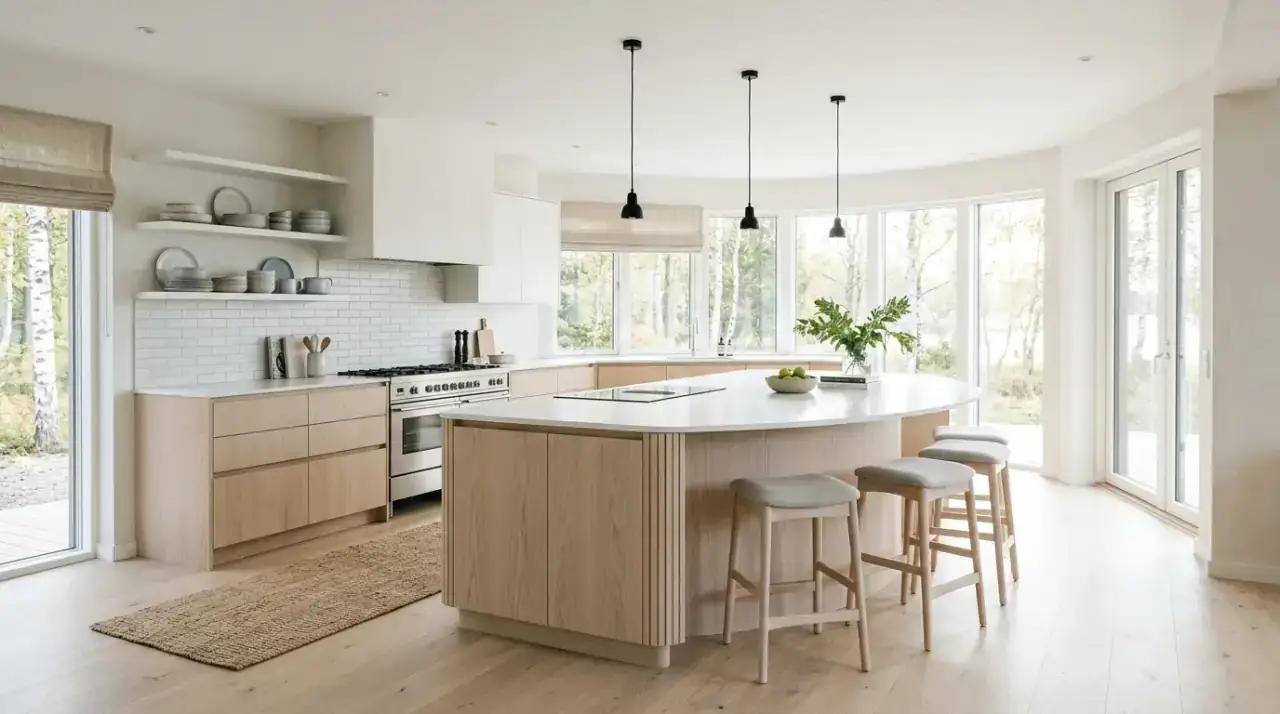 Natural light in Scandinavian kitchen. Bright daylight enhancing a warm white and wood Nordic kitchen.