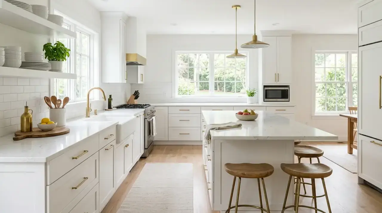 Bright white kitchen countertops creating a clean canvas for cabinets, textures, and layered styling.