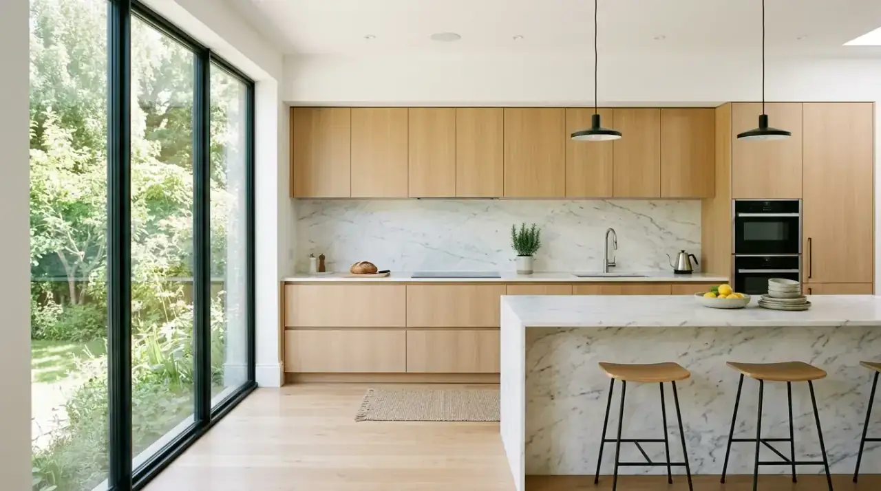 White counters dark cabinets. Bright kitchen surfaces lifting the look of darker cabinetry.