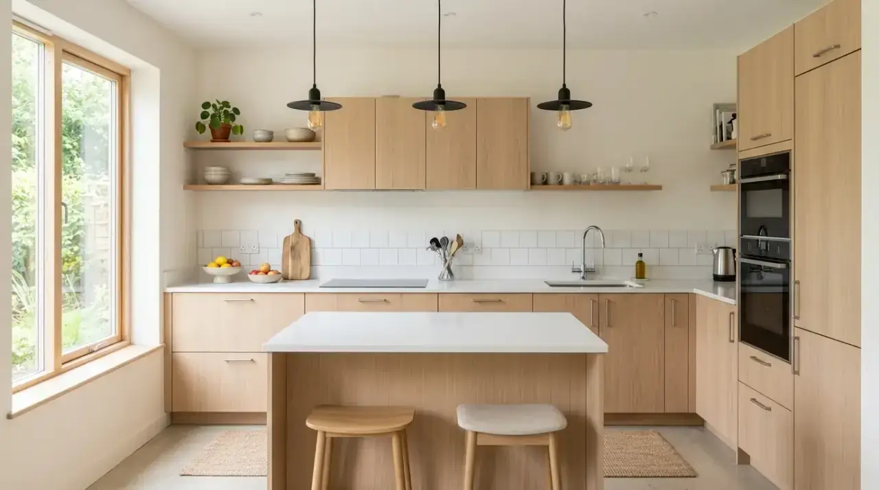 Veined white kitchen counters. White countertops with subtle movement adding depth to the kitchen.