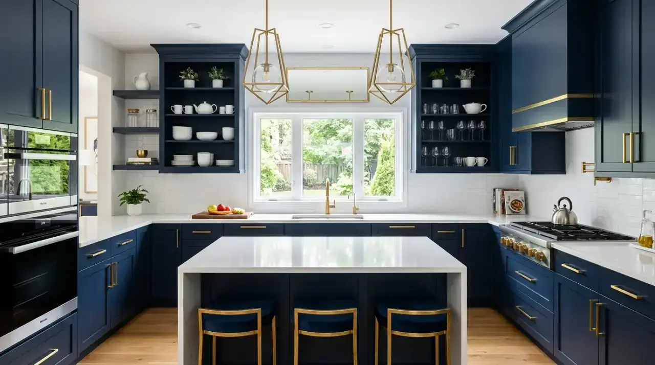 White counters colorful cabinets. Neutral bright countertops balancing bolder cabinet colors in the kitchen.
