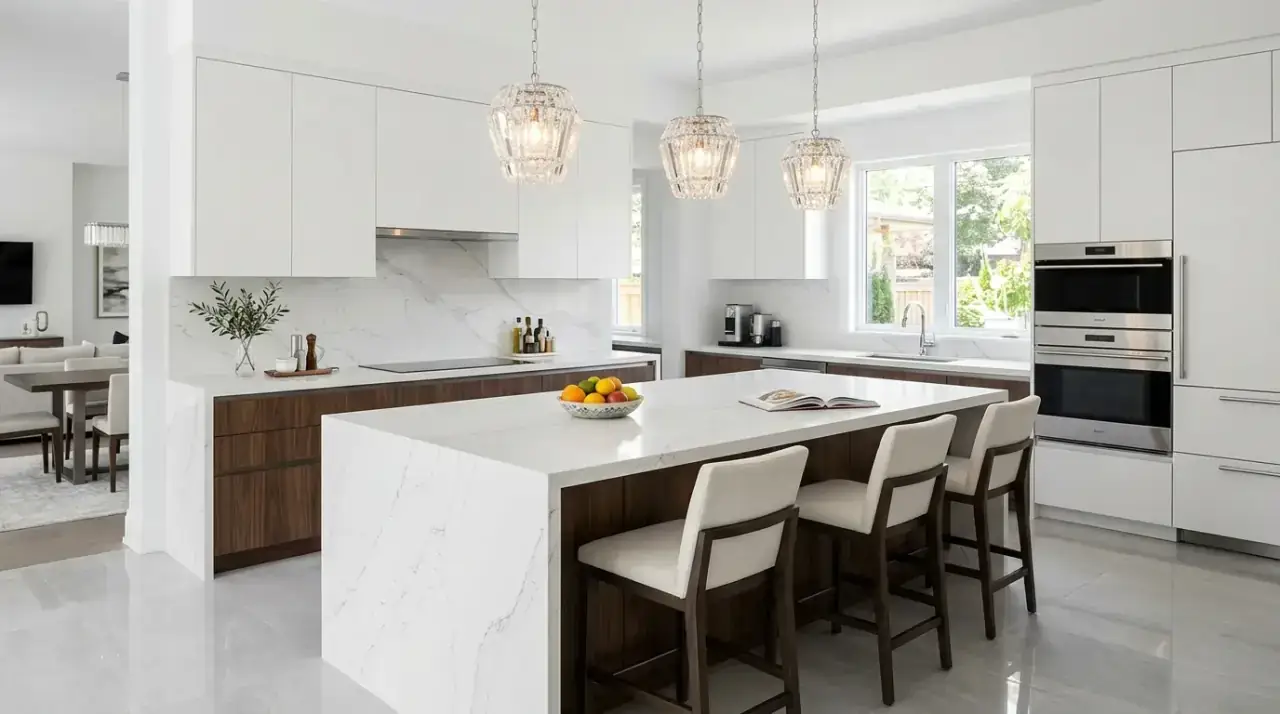 White counters brass accents. Warm metals and natural textures softening bright white kitchen surfaces.