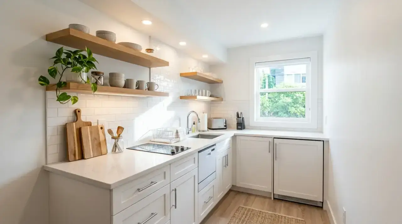 Matte white countertops kitchen. Soft-finish white counters creating a gentler bright kitchen atmosphere.