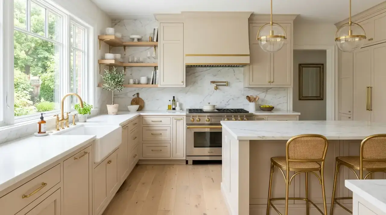 White counters traditional kitchen. Fresh white worktops modernizing a classic-style kitchen gently.