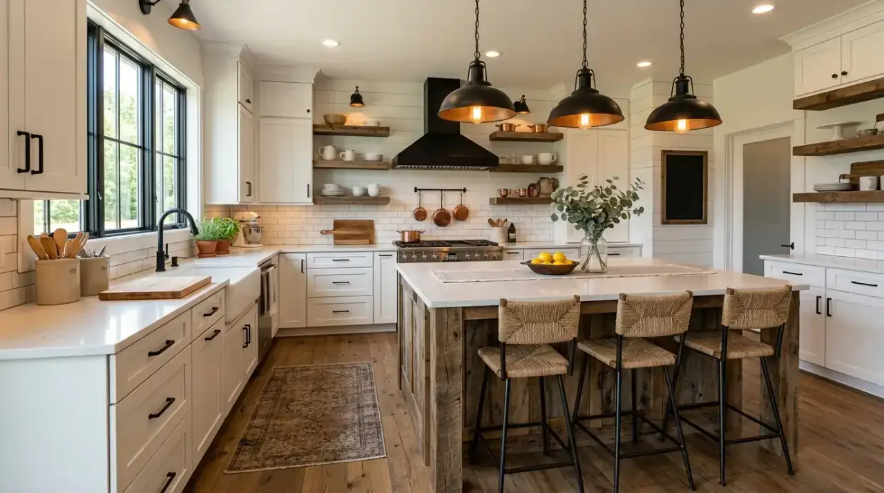 White counters textured backsplash. Bright white surfaces balanced by more tactile kitchen wall finishes.