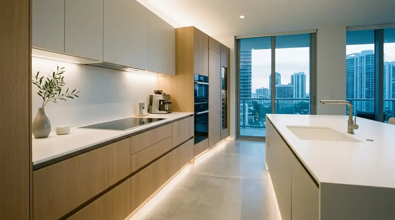 Edited white kitchen counters. Clear bright worktops preserving the clean-canvas effect in a kitchen.
