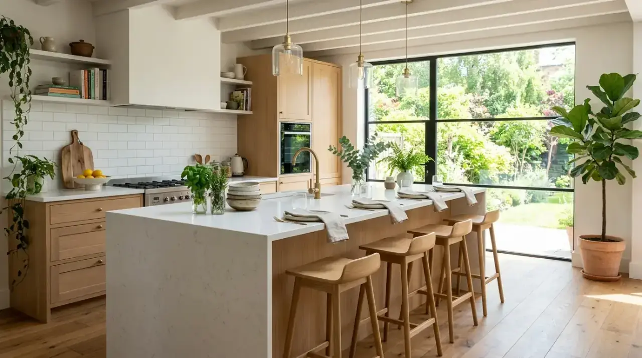 White countertops overview. Bright white kitchen surfaces creating a flexible and light-filled design foundation.