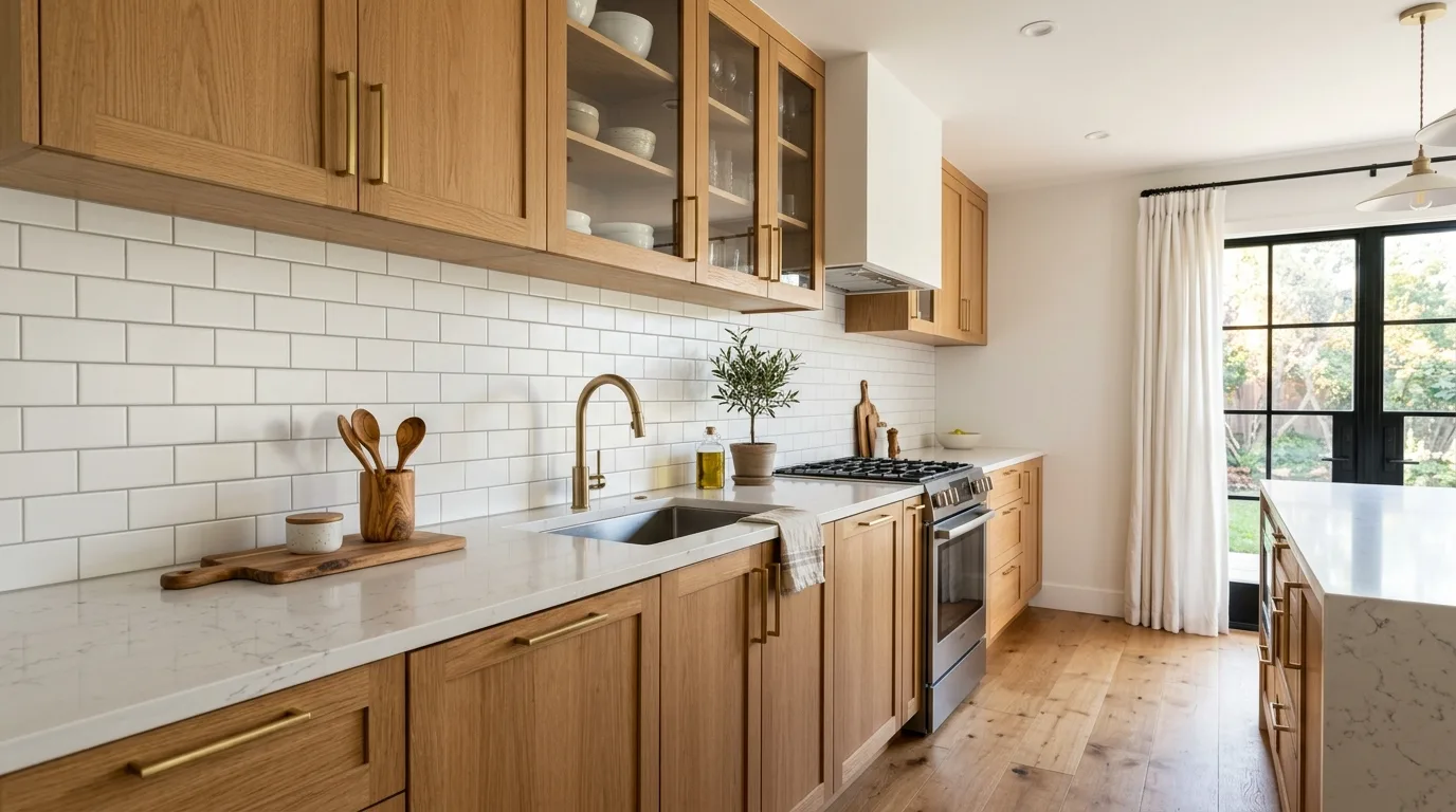 Bright white subway tile backsplash with quartz countertops and warm oak cabinets in morning light.