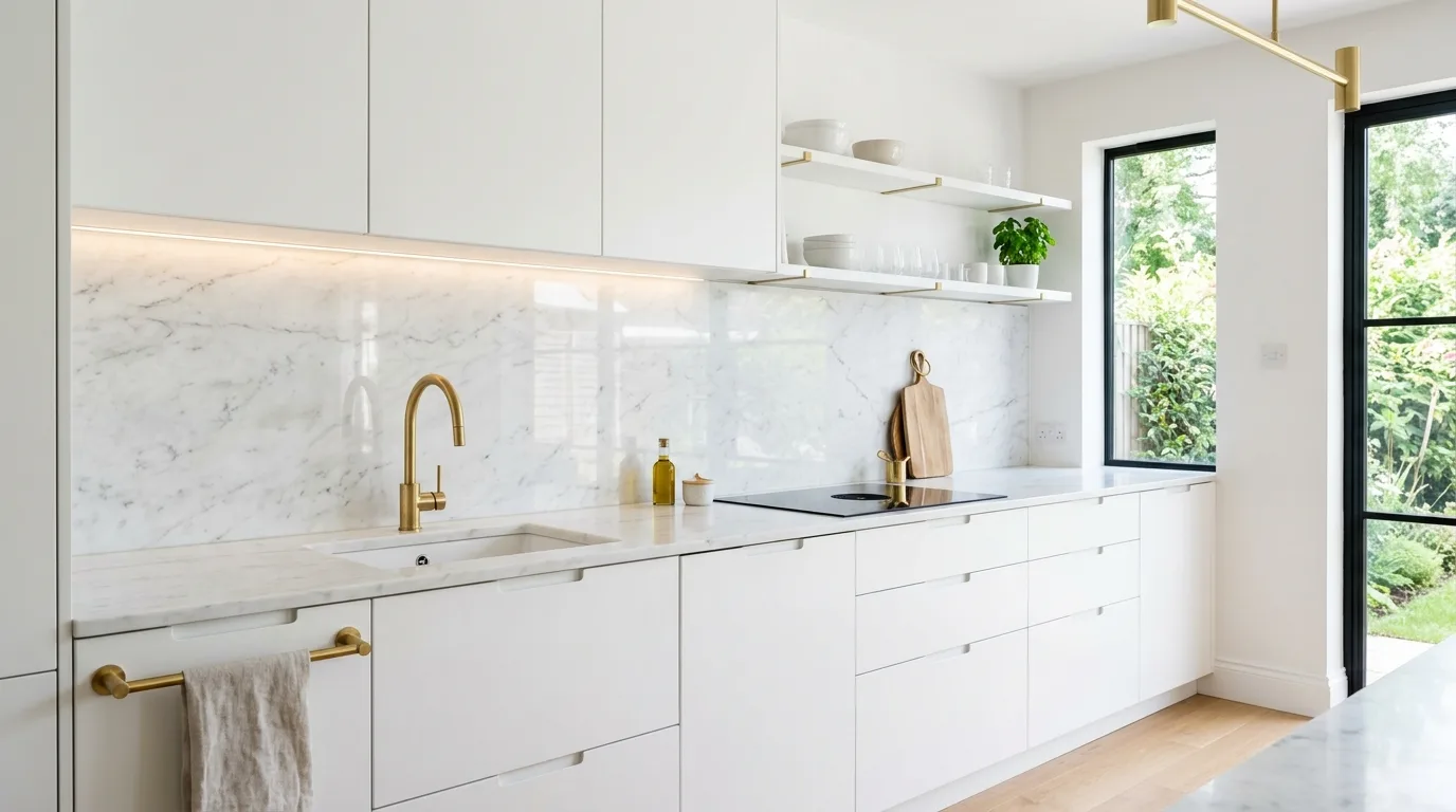 White marble slab backsplash. Subtle gray veining, minimalist cabinetry, brass fixtures, and bright daylight.