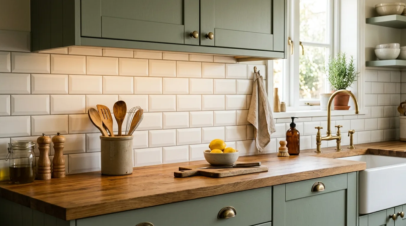 Classic white beveled tile backsplash. Sage green cabinets, wood countertops, and soft warm lighting.
