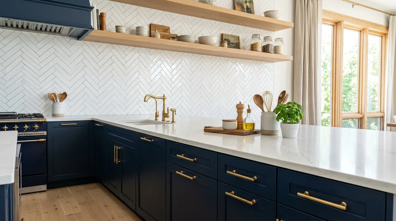 White herringbone tile backsplash. Navy lower cabinets, gold hardware, and crisp natural light.