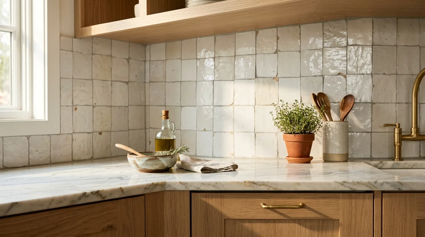 Textured white zellige tile backsplash. Natural wood cabinets, marble counters, and soft sunlit shadows.