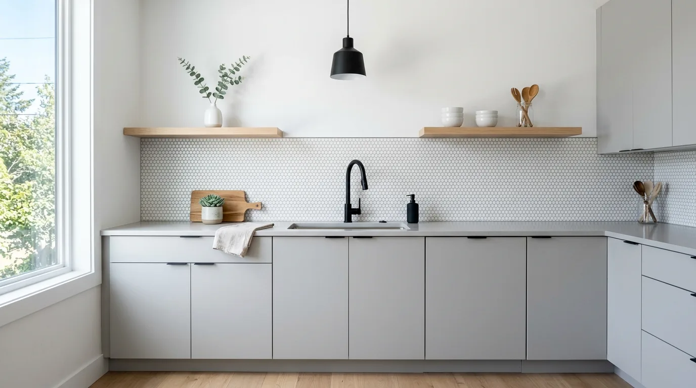 White penny tile backsplash. Matte black fixtures, light gray cabinets, and cool daylight.