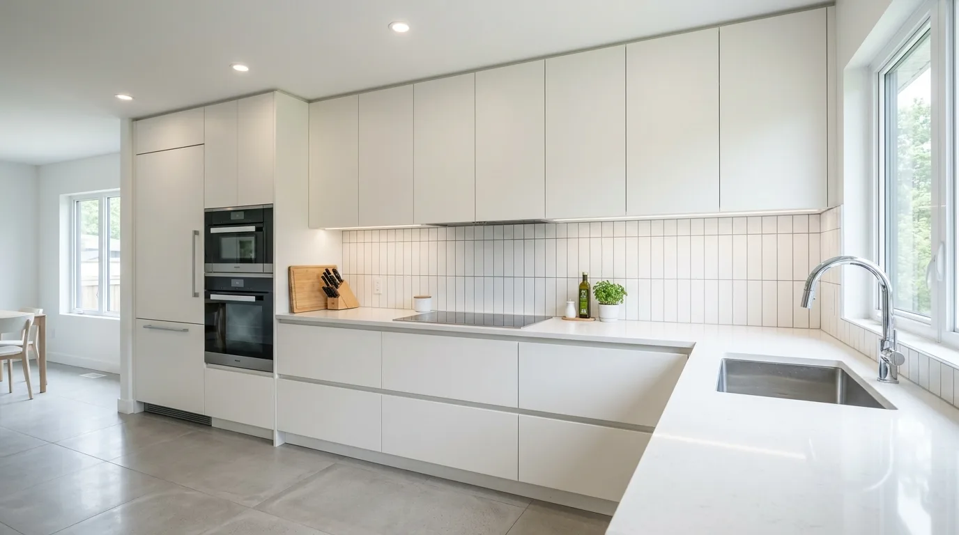 White vertical stacked tile backsplash. Handleless cabinets, integrated appliances, and bright diffused light.