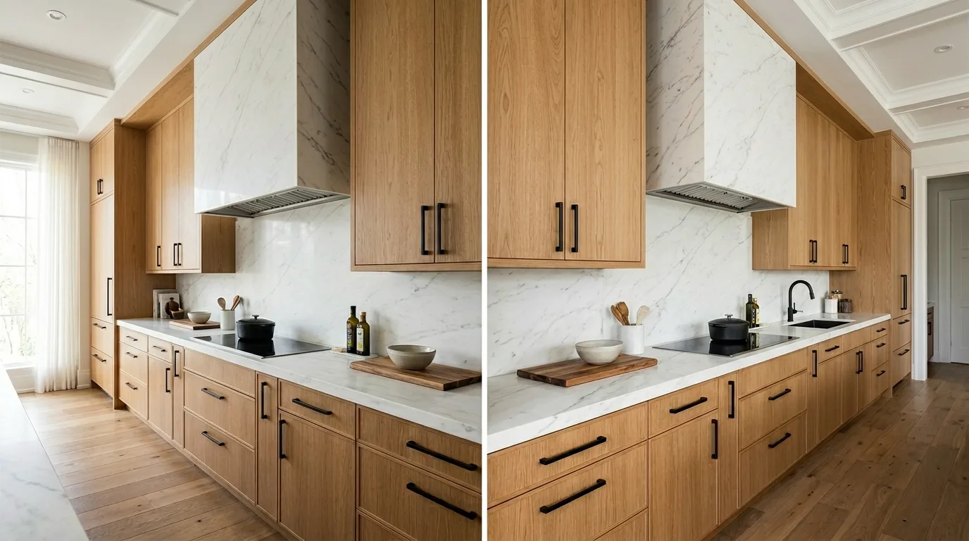 White stone slab backsplash to ceiling. Oak cabinets, black hardware, and seamless luxury styling.