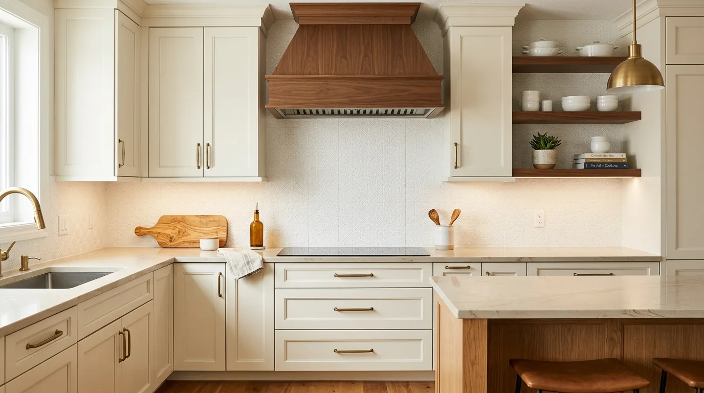 White patterned ceramic backsplash. Cream cabinets, wood accents, and warm ambient lighting.