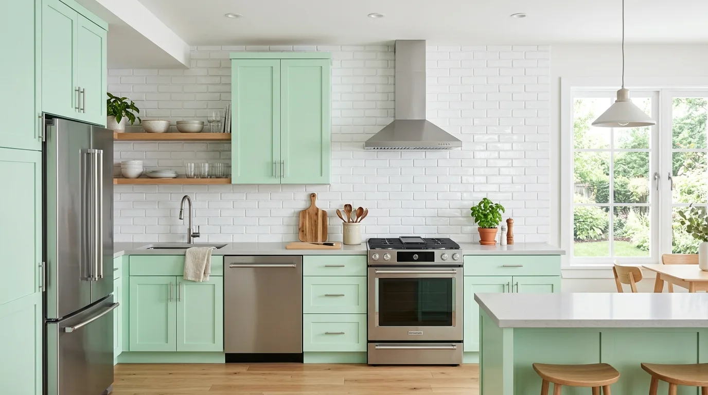 Glossy white brick-style backsplash. Pastel green cabinets, stainless appliances, and airy daylight.