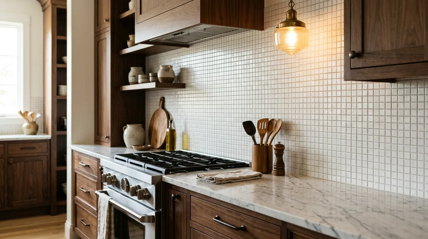 White mosaic tile backsplash. Walnut cabinets, marble counters, and soft golden lighting.