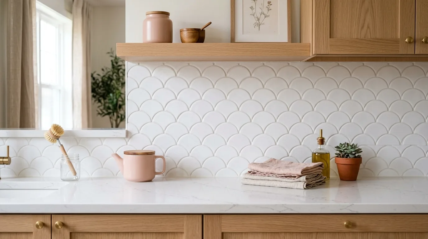 White scalloped tile backsplash. Blush accents, light wood cabinetry, and gentle daylight.