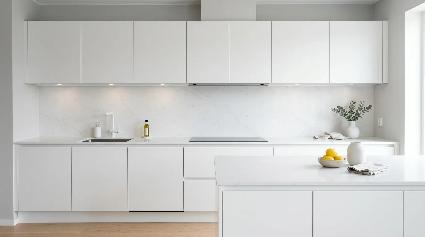 White slab quartz backsplash. Minimal matte cabinets, hidden handles, and ultra-clean modern styling.