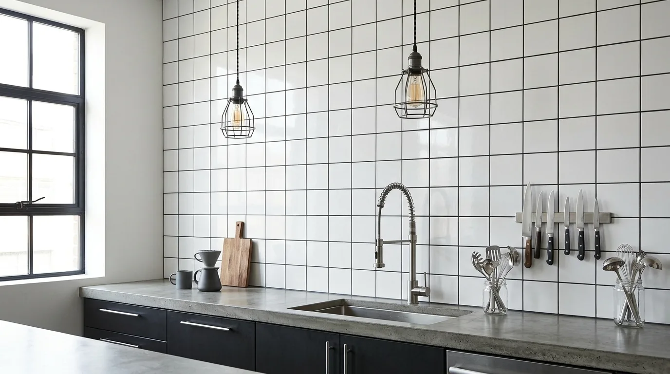 White ceramic square tile backsplash with black grout. Industrial lighting, steel fixtures, and natural daylight.
