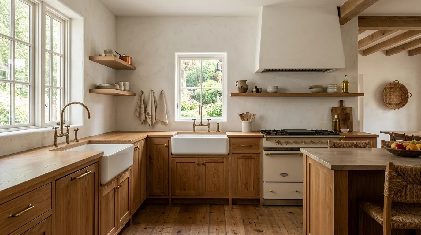 Bright white textured plaster backsplash. Warm oak cabinets, brass accents, and soft filtered sunlight.
